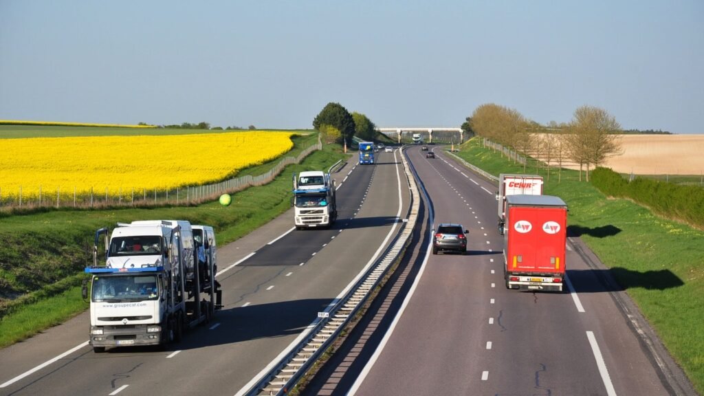 Vue en légère plongée sur l’autoroute A4 près d’Auve dans la Marne : voies dans les deux sens, camions et voitures, champs de colza jaunes à gauche sous un ciel bleu