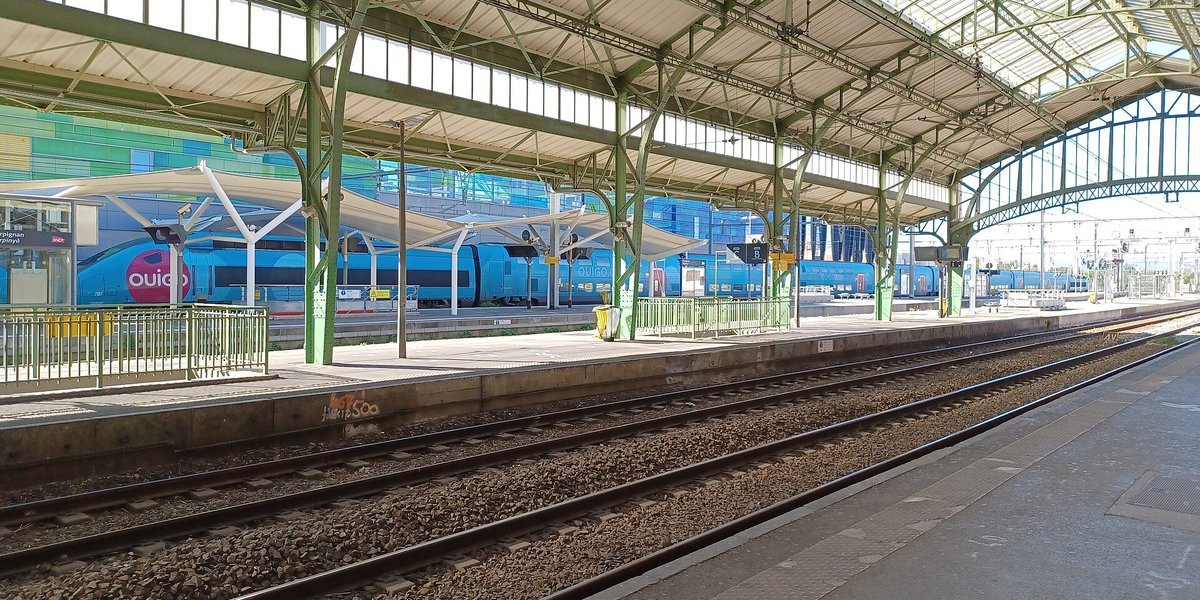 Rame OUIGO bleue à quai sous la grande verrière métallique de la gare de Perpignan, vue depuis un quai voisin avec plusieurs voies au premier plan
