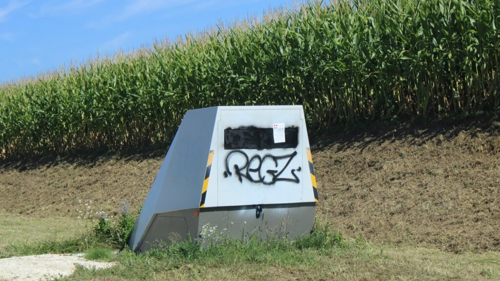 Radar automatique autonome gris au bord d’une route de campagne, vitres recouvertes de peinture noire et tag sur la face avant, devant un champ de maïs