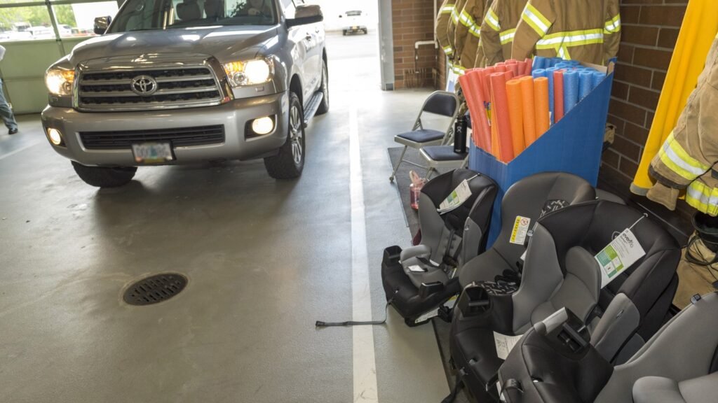 Trois sièges auto gris et noirs alignés au sol à côté d’un grand SUV argenté dans un garage de caserne, illustration du défi d’installer trois sièges à l’arrière