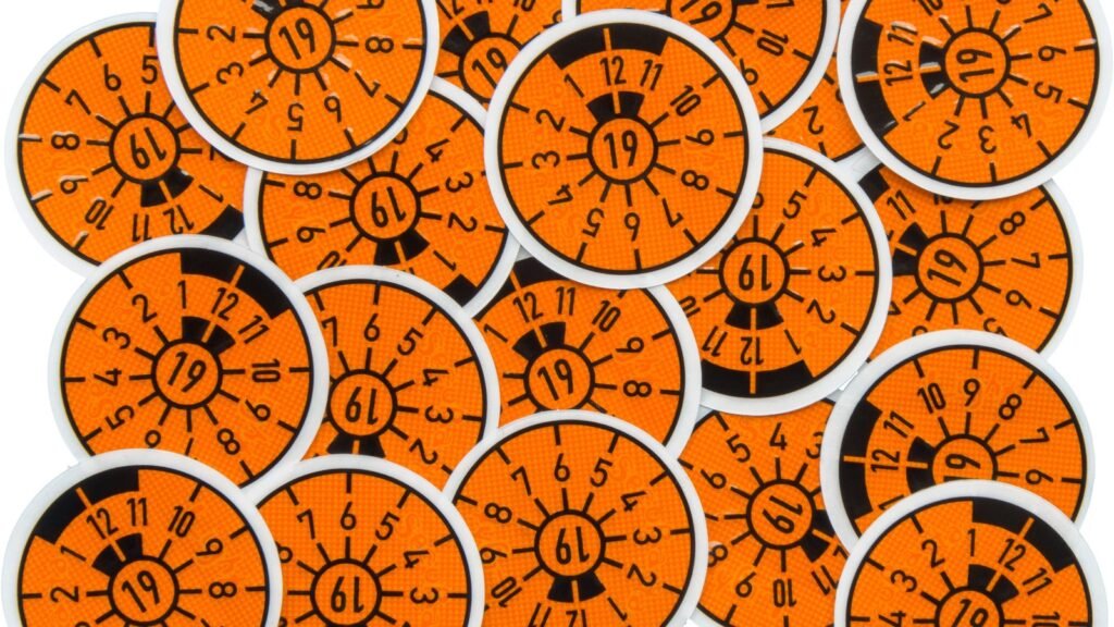 Un tas de vignettes orange rondes de contrôle technique allemand (Hauptuntersuchung), portant le millésime 19 et un cadran des mois